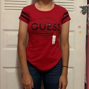 red and black guess shirt